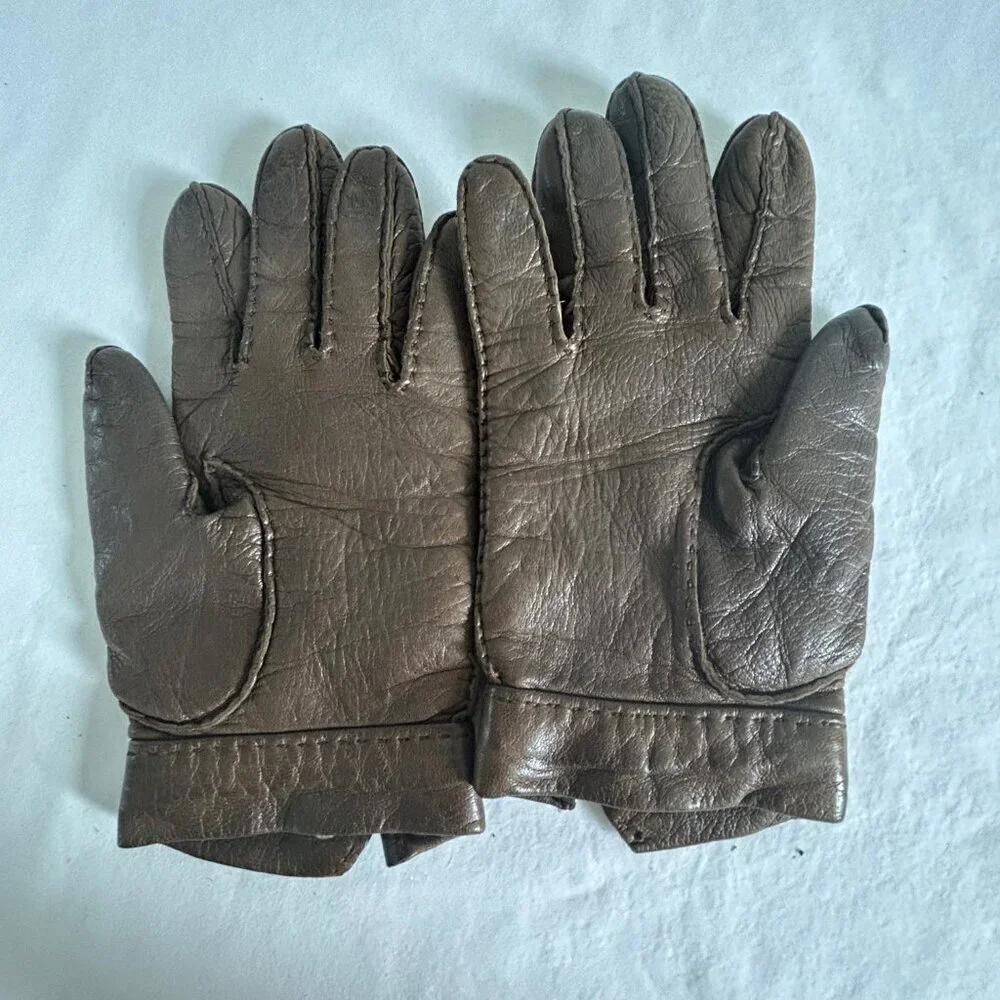 Vintage Saks Fifth Avenue Brown Leather Wool Lined Button Gloves Size 6.5